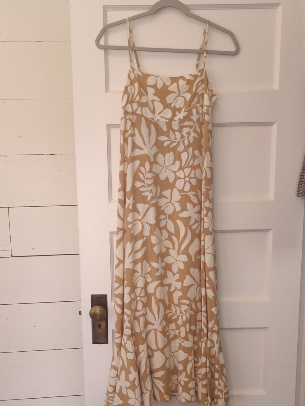 Beige and White Floral Maxi Dress with Spaghetti Straps